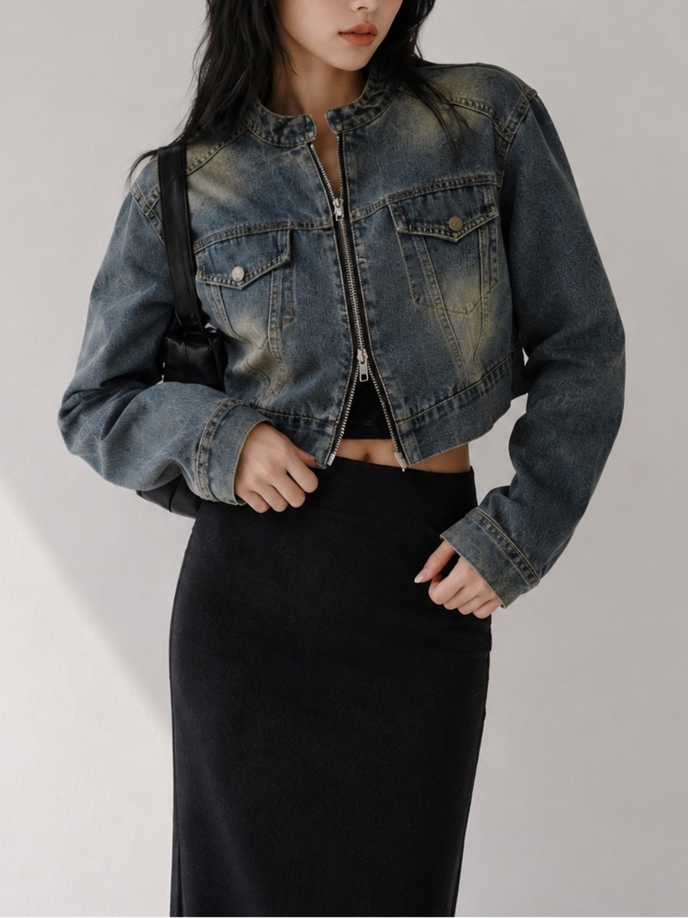 Adela Cropped Zip Denim Jacket – Washed Vintage Utility Denim Jacket – XS / S